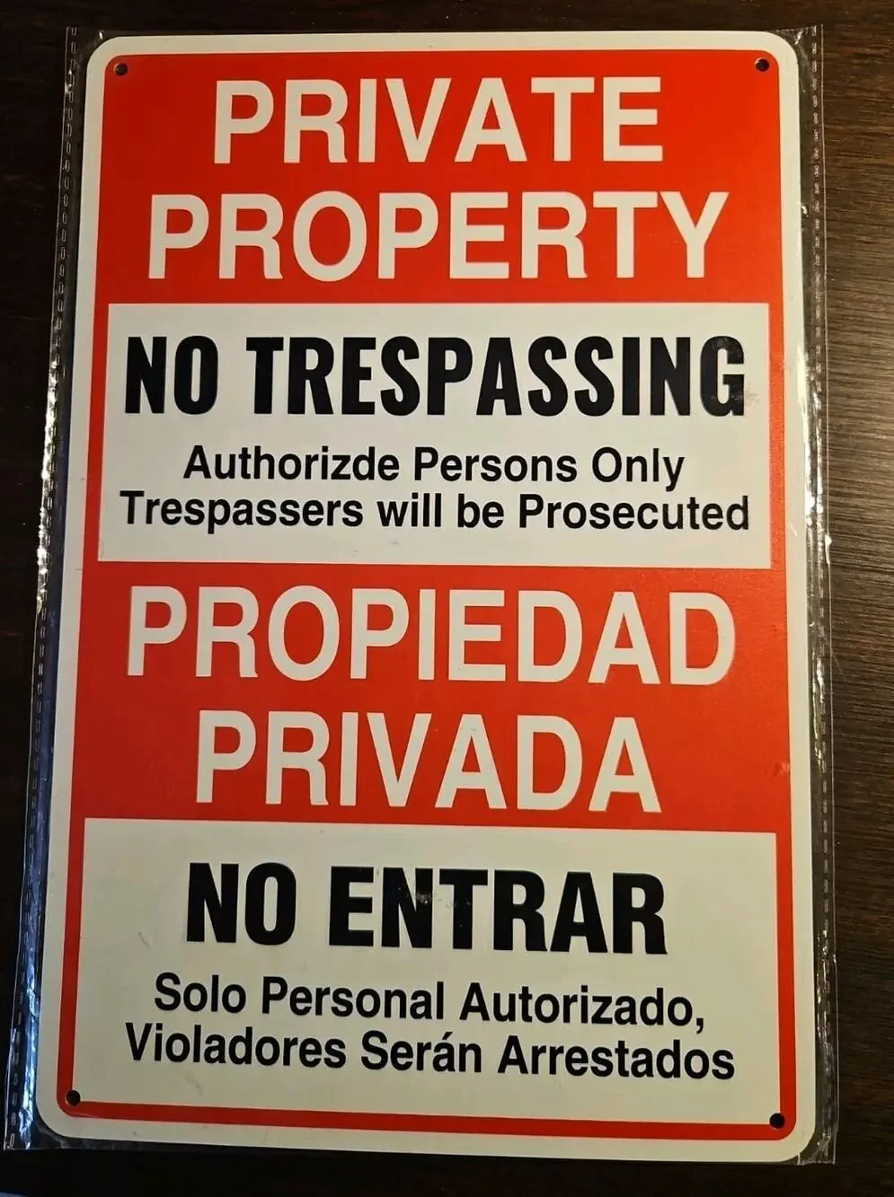 Bilingual English Spanish Private Property 11.75 X 8 Sign